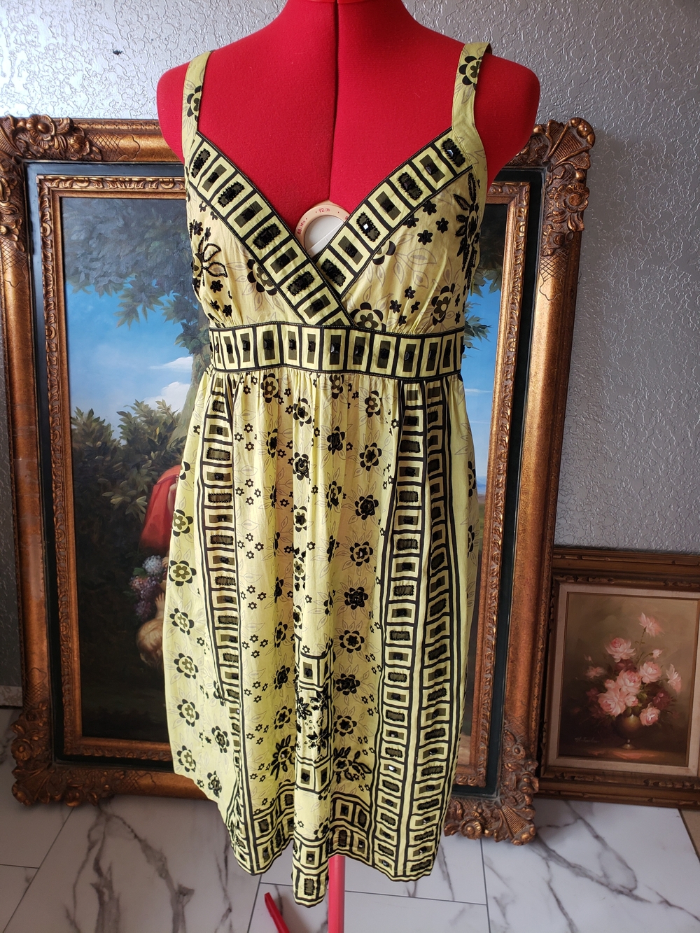 Yellow Floral-Print Mini Dress with Black Border Detail